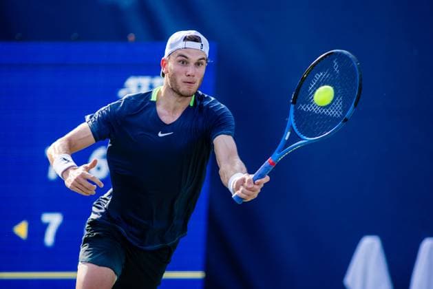 August 22, 2023: Jack Draper returns the ball during the second round of the 2023 Winston-Salem Open at Wake Forest Tennis Complex in Wnston-Salem, NC. ( ) Wnston-Salem United States - ZUMAc04_ 20230822_zma_c04_057 Copyright: xScottxKinserx