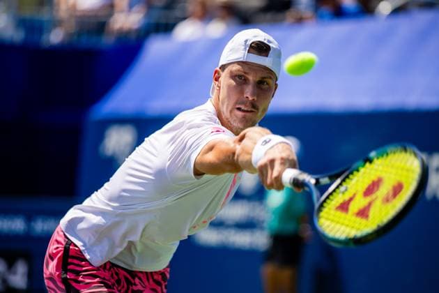 August 23, 2023: Marton Fucsovics returns the ball during the third round of the 2023 Winston-Salem Open at Wake Forest Tennis Complex in Wnston-Salem, NC. ( ) Wnston-Salem United States - ZUMAc04_ 20230823_zma_c04_003 Copyright: xScottxKinserx