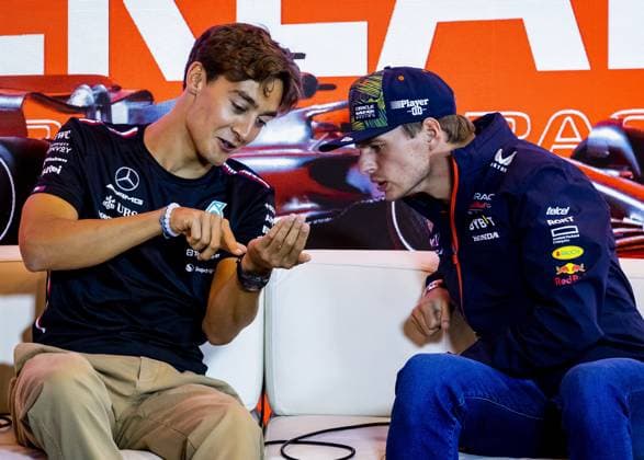 ZANDVOORT - George Russell (Mercedes) and Max Verstappen (Red Bull Racing) during the track press conference, PK, Pressekonferenz at Circuit de Zandvoort ahead of the F1 Grand Prix of the Netherlands on August 24, 2023 in Zandvoort, Netherlands. ANP REMKO DE WAAL F1 Grand Prix of The Netherlands 2023 24 xVIxANPxSportx xxANPxIVx 476183073 originalFilename: 476183073.jpg
