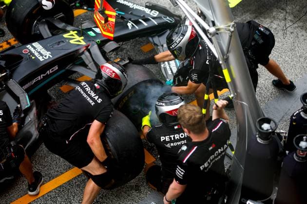 Mercedes AMG Petronas F1 Team during pit stop practice, F1 Grand Prix of the Netherlands at Circuit Zandvoort on August 24, 2023 in Zandvoort, Netherlands Photo by HOCH ZWEI Zandvoort Netherlands