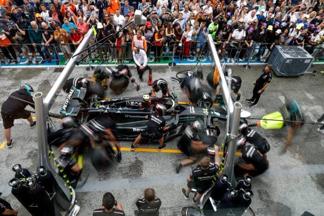 Mercedes AMG Petronas F1 Team during pit stop practice, F1 Grand Prix of the Netherlands at Circuit Zandvoort on August 24, 2023 in Zandvoort, Netherlands Photo by HOCH ZWEI Zandvoort Netherlands