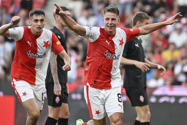 Lukas Masopust (Slavia), right, celebrates a goal that was disallowed during the UEFA Europa League, play-off, 1st leg, SK Slavia Praha vs FC Zorya Luhansk, on August 24, 2023, in Prague, Czech Republic. On the left side is seen Mojmir Chytil (Slavia). (CTKxPhoto VitxSimanek) CTKPhotoP2023082407737  CTKPhotoP2023082407737