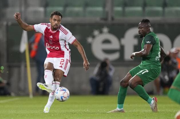 RAZGRAD, Bulgaria, 24-08-2023, football, Huvepharma Arena, Europa Leageu qualification, season 2023 2024, during the match Ludogorets - Ajax, Ajax player Devyne Rensch, Ludogorets player Bernard Tekpetey Ludogorets - Ajax  x22053982x Copyright:
