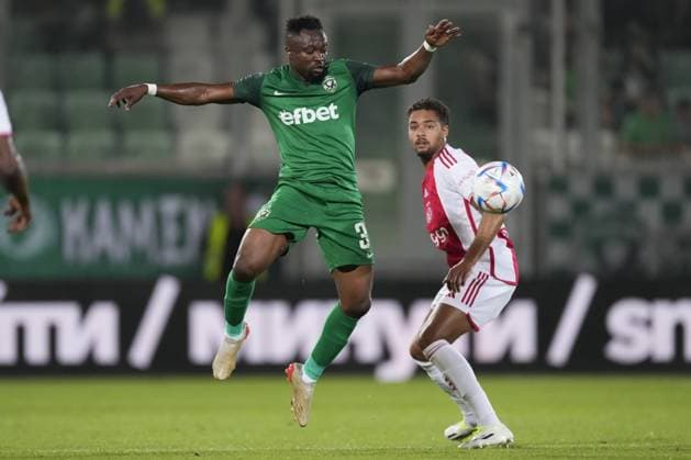 RAZGRAD, Bulgaria, 24-08-2023, football, Huvepharma Arena, Europa Leageu qualification, season 2023 2024, during the match Ludogorets - Ajax, Ludogorets player Bernard Tekpetey, Ajax player Devyne Rensch Ludogorets - Ajax  x22053984x Copyright:
