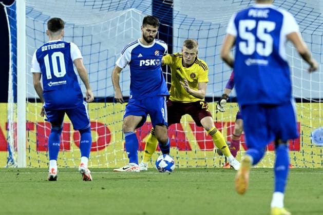 Dinamo Zagreb v Sparta Praha - UEFA Europa League Play Off Round: First Leg ZAGREB, CROATIA - AUGUST 24: Bruno Petkovic of Dinamo Zagreb and Filip Panak of Sparta Praha during UEFA Europa League Play Off Round First Leg match between Dinamo Zagreb and Sparta Praha at Maksimir Stadium on August 24, 2023 in Zagreb, Croatia. MarkoxLukunic PIXSELL