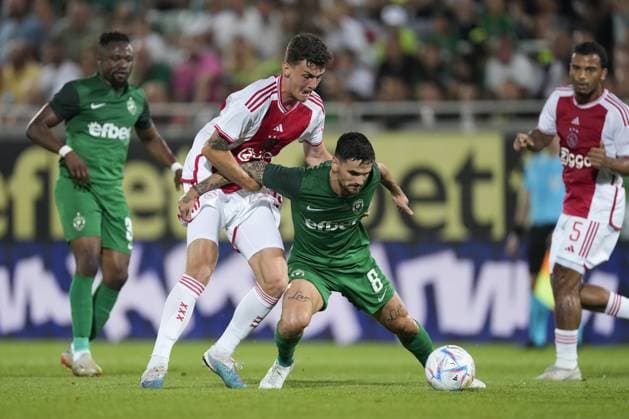 RAZGRAD, Bulgaria, 24-08-2023, football, Huvepharma Arena, Europa League qualification, season 2023 2024, during the match Ludogorets - Ajax, Ajax player Benjamin Tahirovic, Ludogorets player Claude Goncalves Ludogorets - Ajax  x22054093x Copyright: