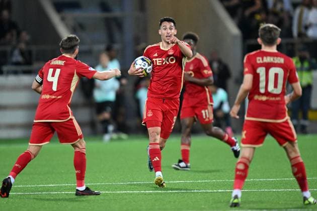 GÖTEBORG 20230824 Aberdeens Bojan Miovski celebrates after scoring a 2-1 goal during Thursdays Europa League play off, first leg, between BK Häcken and Aberdeen FC at Bravida arena GÖTEBORG SVERIGE x9200x  Copyright: xBjörnxLarssonxRosvall TTx EUROPA LEAGUE HÄCKEN-ABERDEEN