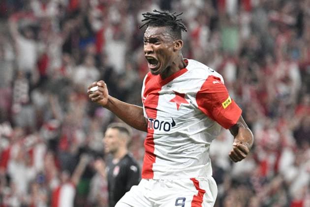 Sport Bilder des Tages Muhamed Tijani (Slavia) celebrates his goal (1:0) during the UEFA Europa League, play-off, 1st leg, SK Slavia Praha vs FC Zorya Luhansk, on August 24, 2023, in Prague, Czech Republic. (CTKxPhoto VitxSimanek) CTKPhotoP2023082408372  CTKPhotoP2023082408372