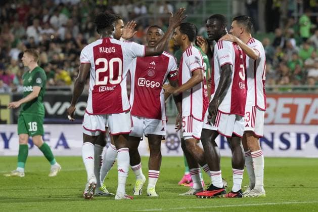 RAZGRAD, Bulgaria, 24-08-2023, football, Huvepharma Arena, Europa League qualification, season 2023 2024, during the match Ludogorets - Ajax, Ajax celebrating the 0-3 of Ajax player Brian Brobbey Ludogorets - Ajax  x22054180x Copyright: