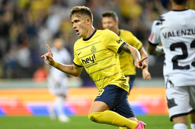Union SG v FC Lugano - UEFA Europa League BRUSSELS, BELGIUM - AUGUST 24 : Eckert Ayensa Dennis forward of Union St-Gilloise celebrates scoring the opening goal during the UEFA Europa League Play-offs, 1st leg match between Union SG and FC Lugano at the Anderlecht stadium on August 24, 2023 in Brussels, Belgium, 24 08 2023 Brussels Belgium  Copyright: xNicoxVereeckenx