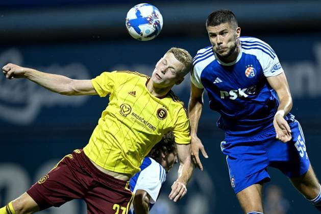 Dinamo Zagreb v Sparta Praha - UEFA Europa League Play Off Round: First Leg ZAGREB, CROATIA - AUGUST 24: Filip Panak of Sparta Praha and Dino Peric of Dinamo Zagreb in action during UEFA Europa League Play Off Round First Leg match between Dinamo Zagreb and Sparta Praha at Maksimir Stadium on August 24, 2023 in Zagreb, Croatia. MarkoxLukunic PIXSELL