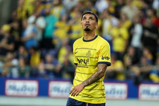 Union s Cameron Puertas Castro pictured during a soccer game between Belgian Royale Union Saint Gilloise and Swiss FC Lugano, Thursday 24 August 2023 in Brussels, the first leg of the play-off for the UEFA Europa League competition. DAVIDxPINTENS  x72516367x