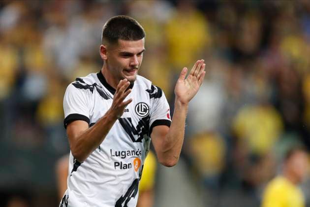 Union SG v FC Lugano - UEFA Europa League BRUSSELS, BELGIUM - AUGUST 24 : Hajdari Albian defender of FC Lugano celebrates after scoring during the UEFA Europa League Play-offs, 1st leg match between Union SG and FC Lugano at the Anderlecht stadium on August 24, 2023 in Brussels, Belgium, 24 08 2023 Brussels Belgium  Copyright: xJbox