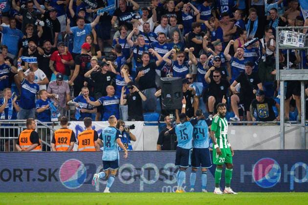 Slovan Bratislava vs Maccabi Haifa Champions league football soccer Marko Tolic of Slovan scores a goal during the play-off round of the UEFA Europa League football match between SK Slovan Bratislava and Aris Limassol. Bratislava, Slovakia, August 24, 2023. Photo by Branislav Racko Copyright: xx _BRR6353