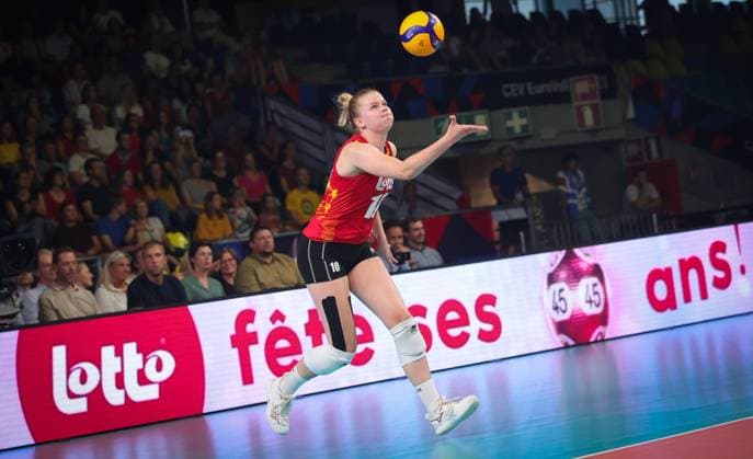Volleyball, EM, Frauen, Serbien - Belgien Belgium s Pauline Martin pictured in action during a volleyball game between Serbia and Belgian national women volleyball team Yellow Tigers, Thursday 24 August 2023 in Gent, the fifth and last game in the group stage of the 2023 European Women s Championships. The 2023 EuroVolley tournament takes place from August 15 to September 3. VIRGINIExLEFOUR  x72516639x