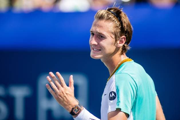 August 24, 2023: Sebastian Korda reacts after dropping a point to Richard Gasquet during the quarterfinals of the 2023 Winston-Salem Open at Wake Forest Tennis Complex in Wnston-Salem, NC. ( CSM) Wnston-Salem United States - ZUMAc04_ 20230824_zma_c04_019 Copyright: xScottxKinserx