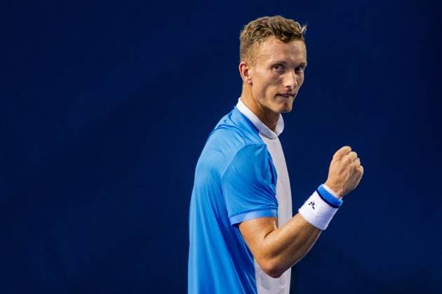 August 24, 2023: Jiri Lehecka celebrates after scoring on Max Purcell during the quarterfinals of the 2023 Winston-Salem Open at Wake Forest Tennis Complex in Wnston-Salem, NC. ( CSM) Wnston-Salem United States - ZUMAc04_ 20230824_zma_c04_024 Copyright: xScottxKinserx