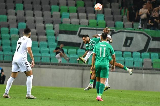David Sualehe of Olimpija Ljubljana in action against Julio Romao of Qarabag during the UEFA Europa League, Play Off round, 1st leg match between Olimpija Ljubljana (Slovenia) and Qarabag (Azerbaijan) FOOTBALL : Olimpija Ljubljana v Qarabag - Europa league - 24 08 2023 IgorKupljenik Panoramic 