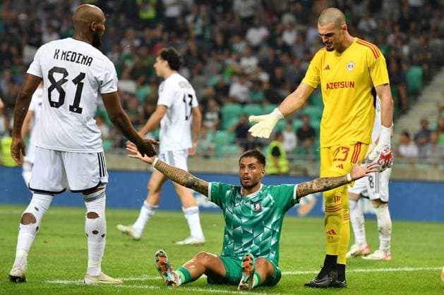 Luka Gugeshashvili of Qarabag and Rui Pedro of Olimpija Ljubljana during the UEFA Europa League, Play Off round, 1st leg match between Olimpija Ljubljana (Slovenia) and Qarabag (Azerbaijan) FOOTBALL : Olimpija Ljubljana v Qarabag - Europa league - 24 08 2023 NatasaKupljenik Panoramic 