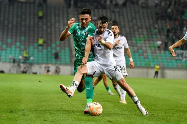 Rui Pedro of Olimpija Ljubljana in action against Marko Jankovic of Qarabag during the UEFA Europa League, Play Off round, 1st leg match between Olimpija Ljubljana (Slovenia) and Qarabag (Azerbaijan) FOOTBALL : Olimpija Ljubljana v Qarabag - Europa league - 24 08 2023 NatasaKupljenik Panoramic 