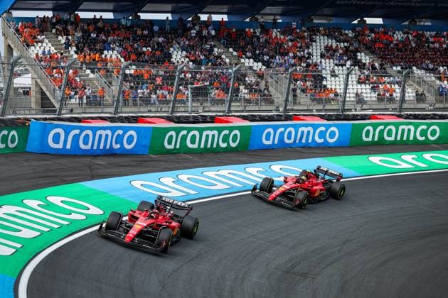 16 LECLERC Charles (mco), Scuderia Ferrari SF-23, 39 SHWARTZMAN Robert (isr), Scuderia Ferrari SF-23, action during the 2023 Formula 1 Heineken Dutch Grand Prix, 13th round of the 2023 Formula One World Championship, WM, Weltmeisterschaft from August 25 to 28, 2023 on the Zandvoort Circuit, in Zandvoort, Netherlands - F1 - DUTCH GRAND PRIX 2023 DPPI Panoramic 00123030_G0OD9650