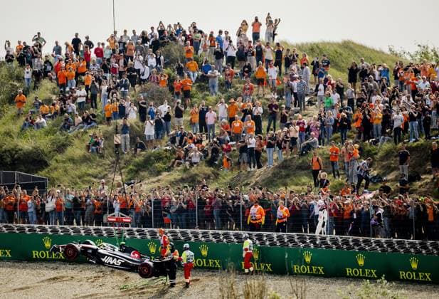 ZANDVOORT - Nico Hulkenberg (Haas F1 Team) crashes during 1st Free Practice ahead of the F1 Grand Prix of the Netherlands at Circuit Zandvoort on August 24, 2023 in Zandvoort, Netherlands. ANP REMKO DE WAAL F1 Grand Prix of The Netherlands 2023 24 xVIxANPxSportx xxANPxIVx 476267762 originalFilename: 476267762.jpg