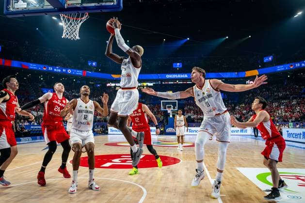 Basketball Okinawa 25 08 2023 FIBA Basketball World Cup 2023 Mens World Cup Preliminary Round Germany GER Japan JPN Isaac Bonga Germany, No 00 Moritz Wagner Germany, No 13 Johannes Thiemann Germany, No 32