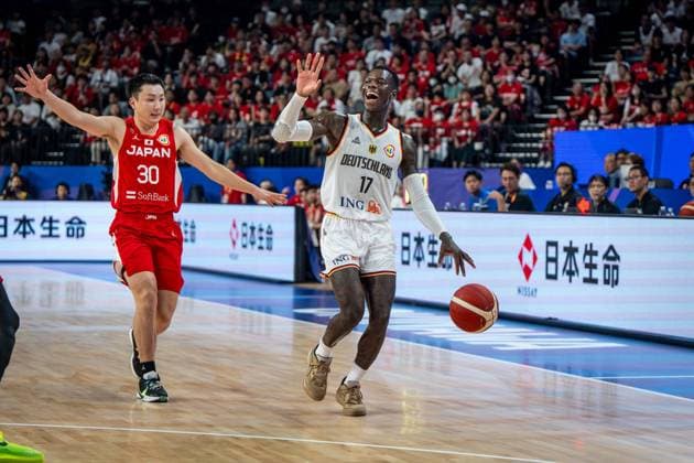 Basketball Okinawa 25 08 2023 FIBA Basketball World Cup 2023 Mens World Cup Preliminary Round Germany GER Japan JPN Dennis Schröder Schroeder Germany, No 17 Schröder Schroder KEISEI TOMINAGA Japan, No 30