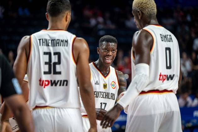 Basketball Okinawa 25 08 2023 FIBA Basketball World Cup 2023 Mens World Cup Preliminary Round Germany GER Japan JPN Dennis Schröder Schroeder Germany, No 17 Schröder Schroder Johannes Thiemann Germany, No 32 Isaac Bonga Germany, No 00