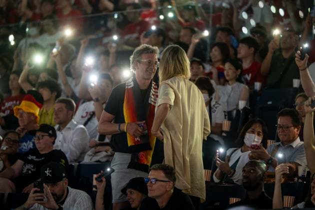 Basketball Okinawa 25 08 2023 FIBA Basketball World Cup 2023 Mens World Cup Preliminary Round Germany GER Japan JPN Beate Wagner and Axel Schulz, the parents of Franz Wagner Germany, No 09 and Moritz Wagner Germany, No 13 as spectators in the stands