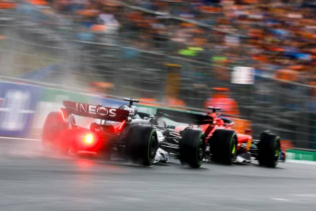 63 George Russell GBR, Mercedes AMG Petronas F1 Team , 16 Charles Leclerc MCO, Scuderia Ferrari , F1 Grand Prix of the Netherlands at Circuit Zandvoort on August 26, 2023 in Zandvoort, Netherlands Photo by HOCH ZWEI Zandvoort Netherlands