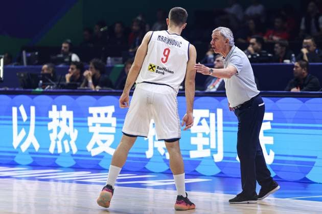 MANILA, PHILIPPINES - AUGUST 26: Head coach Svetislav Pesic of Serbia speaks to Vanja Marinkovic 9 during the first round Group B match between Serbia and China on day 2 of the FIBA Basketball World Cup at Araneta Coliseum on August 26, 2023 in Manila, Philippines.  Copyright: xVCGx 111451223394