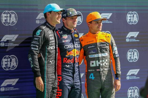 FORMULA 1 DUTCH GRAND PRIX 2023 George Russell 63 (GBR), Mercedes W14 Max Verstappen 1 (NED), HONDA Red Bull Racing RB19 Lando Norris 4 (GBR), McLaren MCL60 after qualifying pole during the FORMULA 1 HEINEKEN DUTCH GRAND PRIX 2023 at CM.com Circuit Zandvoort, Zandvoort, Netherlands on 26 August 2023 Editorial Use Only Copyright: xIMAGO EveryxSecondxMediax ESM-0786-0037