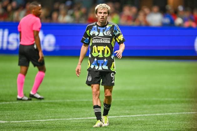 ATLANTA, GA Ã AUGUST 26: Atlanta midfielder Saba Lobjanidze (9) reacts during the MLS, Fussball Herren, USA match between Nashville SC and Atlanta United FC on August 26th, 2023 at Mercedes-Benz Stadium in Atlanta, GA. (Photo by Rich von Biberstein Icon Sportswire) SOCCER: AUG 26 MLS - Atlanta United FC vs Nashville SC EDITORIAL USE ONLY Icon230826055