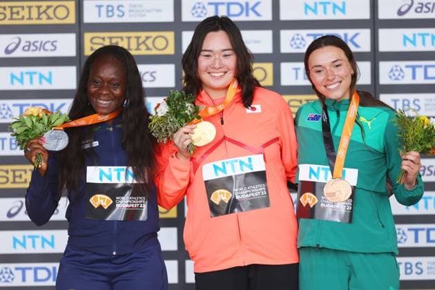 (L to R) Flor Denis Ruiz Hurtado (COL), Haruka Kitaguchi (JPN), Mackenzie Little (AUS), AUGUST 26, 2023 - Athletics : World Athletics Championships Budapest 2023 Women s Javelin Throw Medal Ceremony at National Athletics Centre, Budapest, Hungary. Noxthirdxpartyxsales  (227282525)