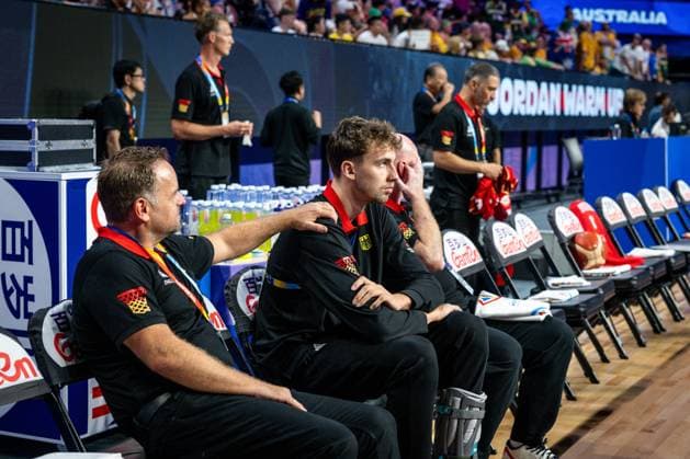 Basketball Okinawa 27 08 2023 FIBA Basketball World Cup 2023 Mens World Cup Preliminary Round Australia AUS Germany GER Franz Wagner Germany, No 09 injured on bench He cant play against Australia