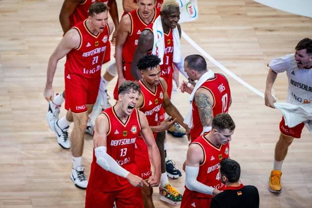 Basketball Okinawa 27 08 2023 FIBA Basketball World Cup 2023 Mens World Cup Preliminary Round Australia AUS Germany GER Moritz Wagner Germany, No 13 Maodo Lo Germany, No 04 Daniel Theis Germany, No 10 Justus Hollatz Germany, No 21 and other cheers.