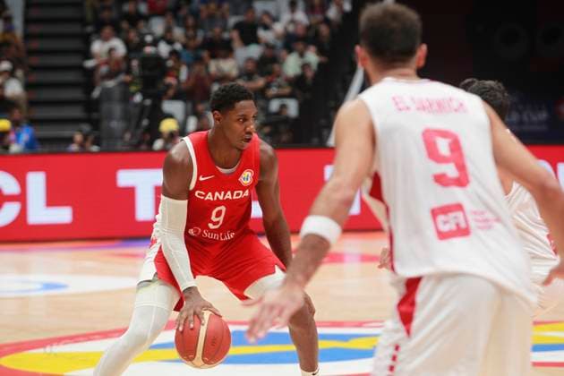 JAKARTA, INDONESIA AUGUST 27: RJ Barret (L) of Canada on Canada vs Lebanon game during 2023 FIBA Basketball World Cup in Jakarta, Indonesia on August 27, 2023. The 2023 FIBA Basketball World Cup will held on August 25 until September 10, 2023 in Jakarta - Indonesia, Manila - Philipines dan Okinawa Japan. BASKET BALL: Canada vs Liban - Jakarta - Coupe du Monde FIBA - 26 08 2023 YuliSeperi Panoramic 