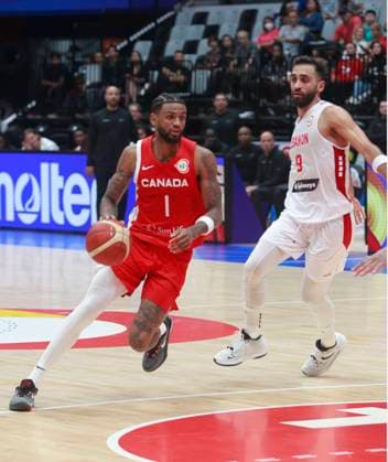 JAKARTA, INDONESIA AUGUST 27: Nickeil Alexander-Walker (L) of Canada challenge by Sergio El Darwich (R) of Lebanon on Canada vs Lebanon game during 2023 FIBA Basketball World Cup in Jakarta, Indonesia on August 27, 2023. The 2023 FIBA Basketball World Cup will held on August 25 until September 10, 2023 in Jakarta - Indonesia, Manila - Philipines dan Okinawa Japan. BASKET BALL: Canada vs Liban - Jakarta - Coupe du Monde FIBA - 26 08 2023 YuliSeperi Panoramic 