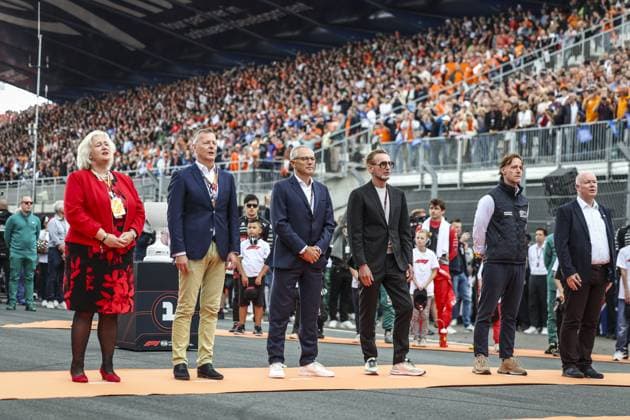 DOMENICALI Stefano (ita), Chairman and CEO Formula One Group FOG during the dutch hymn prior to the start during the 2023 Formula 1 Heineken Dutch Grand Prix, 13th round of the 2023 Formula One World Championship, WM, Weltmeisterschaft from August 25 to 28, 2023 on the Zandvoort Circuit, in Zandvoort, Netherlands - F1 - DUTCH GRAND PRIX 2023 - RACE DPPI Panoramic  G0OD5591