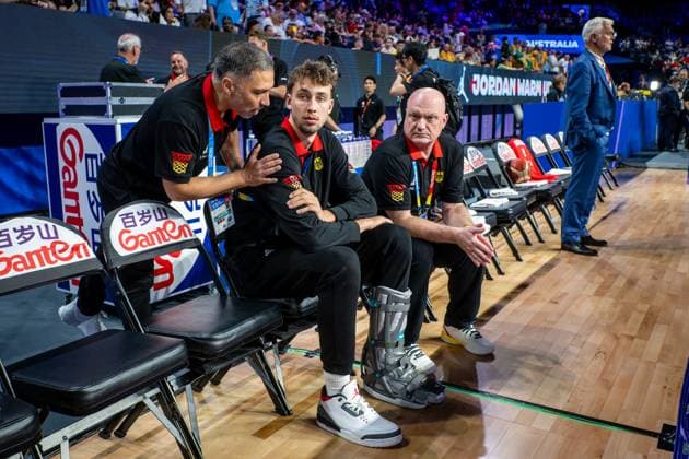 Basketball Okinawa 27 08 2023 FIBA Basketball World Cup 2023 Mens World Cup Preliminary Round Australia AUS Germany GER Franz Wagner Germany, No 09 injured with special shoe cannot participate in game