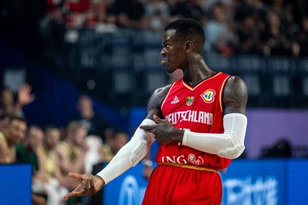 Basketball Okinawa 27 08 2023 FIBA Basketball World Cup 2023 World Cup Men Preliminary Round Australia AUS Germany GER Dennis Schröder Schroeder Germany, No 17 Schröder Schroder Cheer Freeze