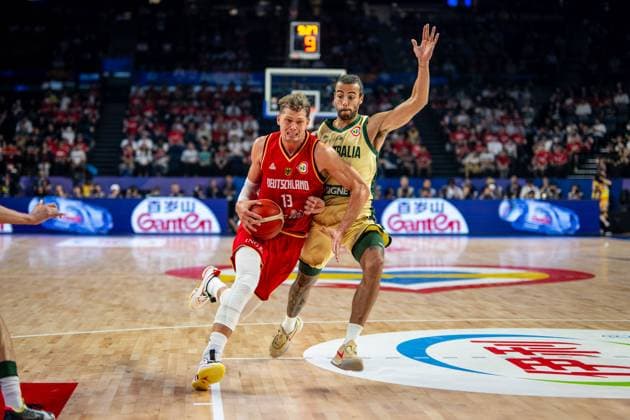 Basketball Okinawa 27 08 2023 FIBA Basketball World Cup 2023 Mens World Cup Preliminary Round Australia AUS Germany GER Moritz Wagner Germany, No 13 XAVIER COOKS Australia, No 09