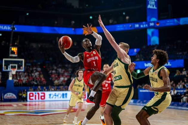 Basketball Okinawa 27 08 2023 FIBA Basketball World Cup 2023 Mens World Cup Preliminary Round Australia AUS Germany GER Dennis Schröder Schroeder Germany, No 17 Schröder Schroder JACK WHITE Australia, No 14 MATISSE THYBULLE Australia, No 02