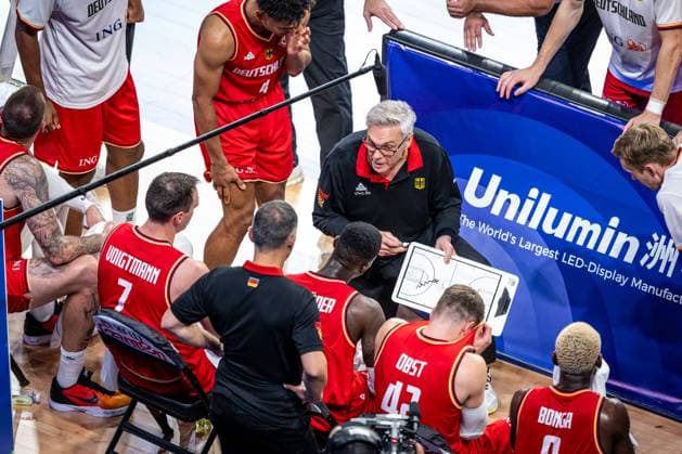 Basketball Okinawa 27 08 2023 FIBA Basketball World Cup 2023 World Cup Men Preliminary Round Australia AUS Germany GER time out Gordon Herbert Germany, national coach and other
