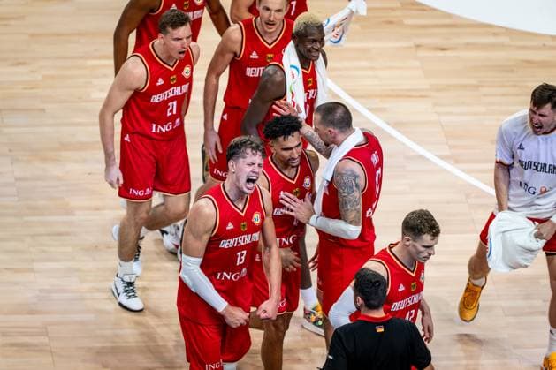 Basketball Okinawa 27 08 2023 FIBA Basketball World Cup 2023 Mens World Cup Preliminary Round Australia AUS Germany GER Cheers Germany Moritz Wagner Germany, No 13 Maodo Lo Germany, No 04 Daniel Theis Germany, No 10 and others.