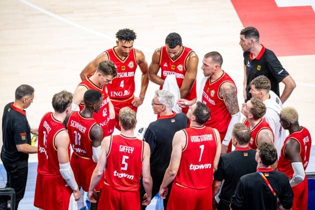 Basketball Okinawa 27 08 2023 FIBA Basketball World Cup 2023 Mens World Cup Preliminary Round Australia AUS Germany GER time out Gordon Herbert Germany, national coach Dennis Schröder Schroeder Germany, No 17 Schröder Schroder and others.