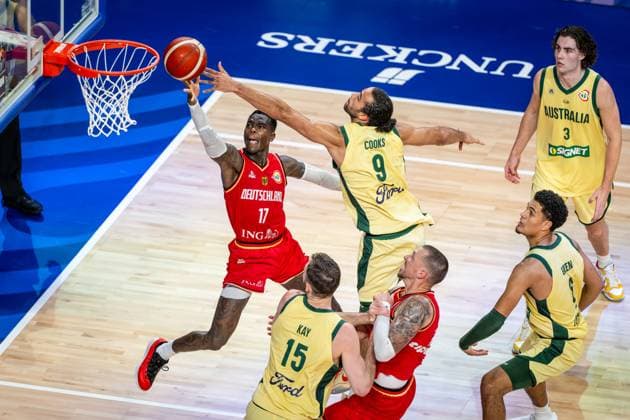 Basketball Okinawa 27 08 2023 FIBA Basketball World Cup 2023 Mens World Cup Preliminary Round Australia AUS Germany GER Dennis Schröder Schroeder Germany, No 17 Schröder Schroder XAVIER COOKS Australia, No 09
