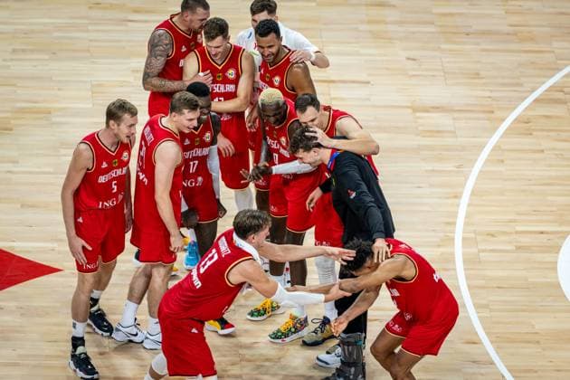 Basketball Okinawa 27 08 2023 FIBA Basketball World Cup 2023 Mens World Cup Preliminary Round Australia AUS Germany GER Cheering Germany after the game about the victory Maodo Lo Germany, No 04 Moritz Wagner Germany, No 13 Justus Hollatz Germany, No 21 Nils Giffey Germany, No 05 Dennis Schröder Schroeder Germany, No 17 Schröder Schroder Daniel Theis Germany, No 10 Andreas Obst Germany, No 42 Johannes Thiemann Germany, No 32 David Krämer Germany, No 44 Kraemer Kramer Isaac Bonga Germany, No 00 Johannes Voigtmann Germany, No 07 Franz Wagner Germany, No 09