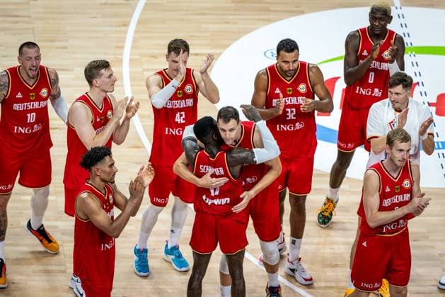 Basketball Okinawa 27 08 2023 FIBA Basketball World Cup 2023 Mens World Cup Preliminary Round Australia AUS Germany GER Cheering Germany after the game about the victory Maodo Lo Germany, No 04 Justus Hollatz Germany, No 21 Nils Giffey Germany, No 05 Dennis Schröder Schroeder Germany, No 17 Schröder Schroder Daniel Theis Germany, No 10 Andreas Obst Germany, No 42 Johannes Thiemann Germany, No 32 David Krämer Germany, No 44 Kraemer Kramer Isaac Bonga Germany, No 00 Johannes Voigtmann Germany, No 07
